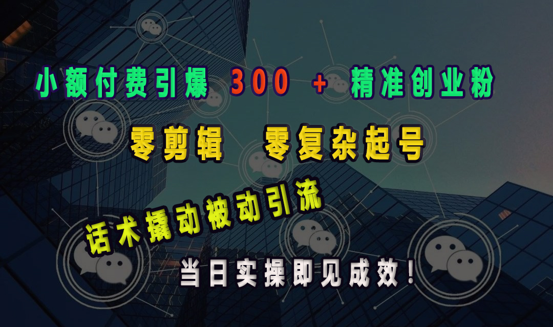 小额付费引爆 300 + 精准创业粉，零剪辑、零复杂起号，话术撬动被动引流，当日实操即见成效！-往来项目网